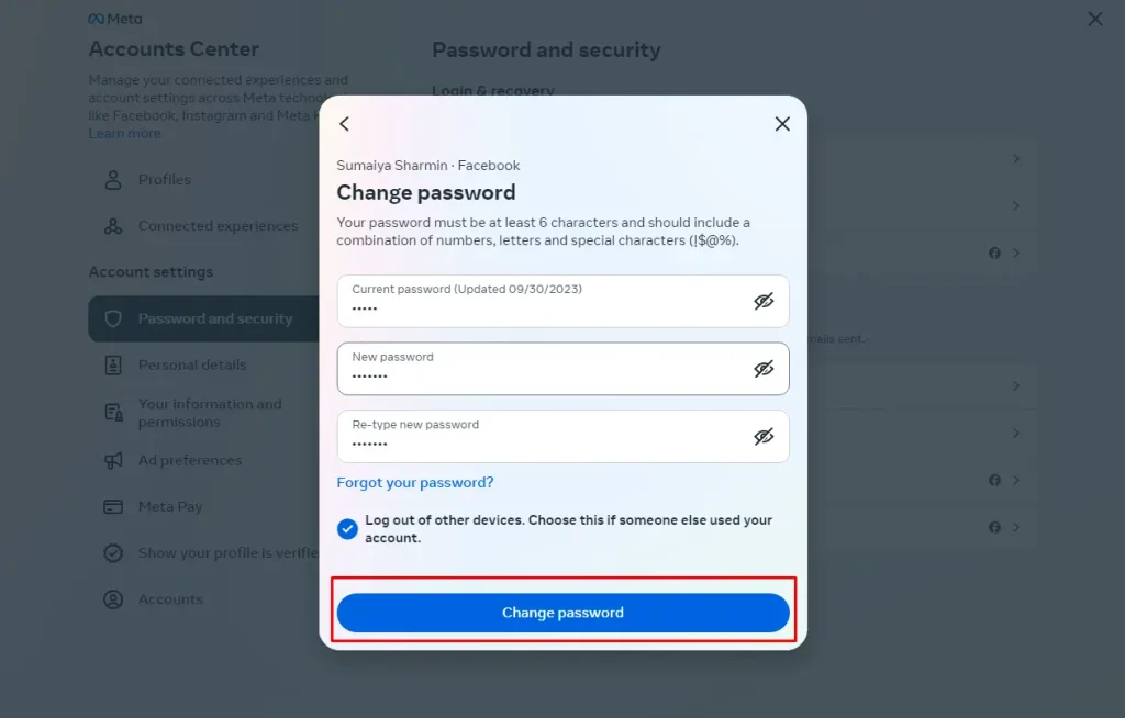 Click change password button