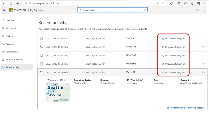 Outlook Account Activity and History